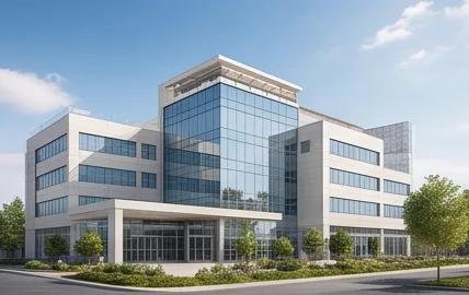 The hospital building on a clear day