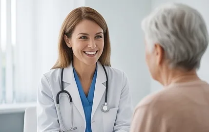 A doctor listening to an older woman during a consultation