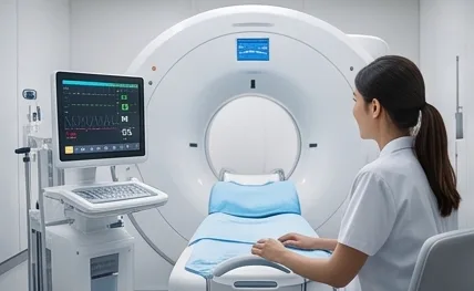 A technologist preparing a CT scanner
