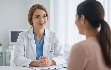 A doctor listening closely to a patient in a consultation room