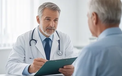 A doctor reviewing notes on a clipboard with an older patient
