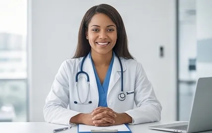 A doctor seated at a desk, ready to welcome a patient