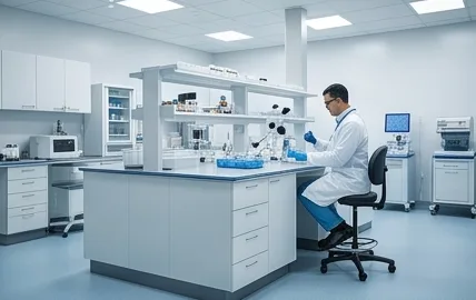 A laboratory scientist at a bench of equipment