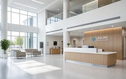 The hospital's bright lobby and reception desk