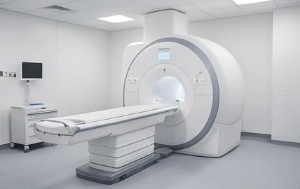 An MRI scanner in a bright imaging room