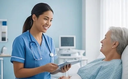 A nurse speaking kindly with an older patient in bed