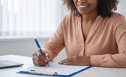 A woman reading and filling in a form at a table