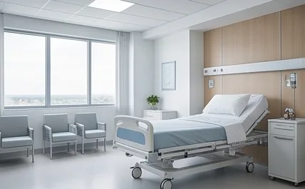 A quiet private patient room with a hospital bed and a window