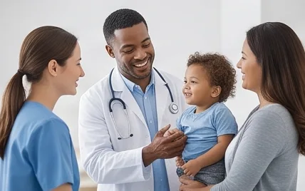 A pediatrician smiling at a toddler held by his mother, with a nurse beside them