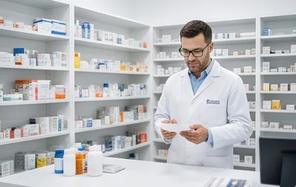 A pharmacist checking medicine on well-stocked shelves