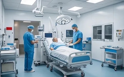 A treatment room with a patient bed and staff attending