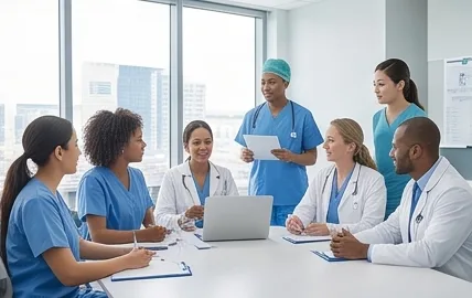 Doctors and nurses meeting around a table