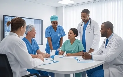 Doctors and nurses talking together around a table