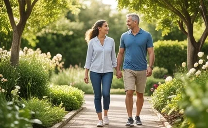 A couple walking together on a garden path